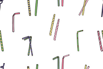 Seamless pattern of straws of different sizes, shapes and patterns in doodle style. Hand drawn. Great for menu, banner, decoration, advertising