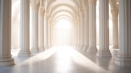 The sunlight shines through columns in a long and white corridor