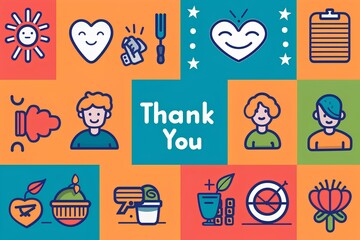 A set of editable stroke vector icons featuring "Thank You" text and symbols of thankfulness, gratitude, and appreciation, displayed on a vibrant desktop background.
