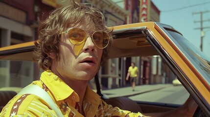 Life in the 1970s Concepts. Hippie man Wearing glasses and a yellow vintage outfit and is about to get into a retro car