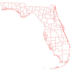 outline Florida map with Counties on white background. Administrative map of Florida state, United State of America, US, United State.