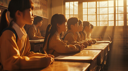 In their classroom, young Chinese students sit at their desks, basking in the bright golden rays of the sun.
