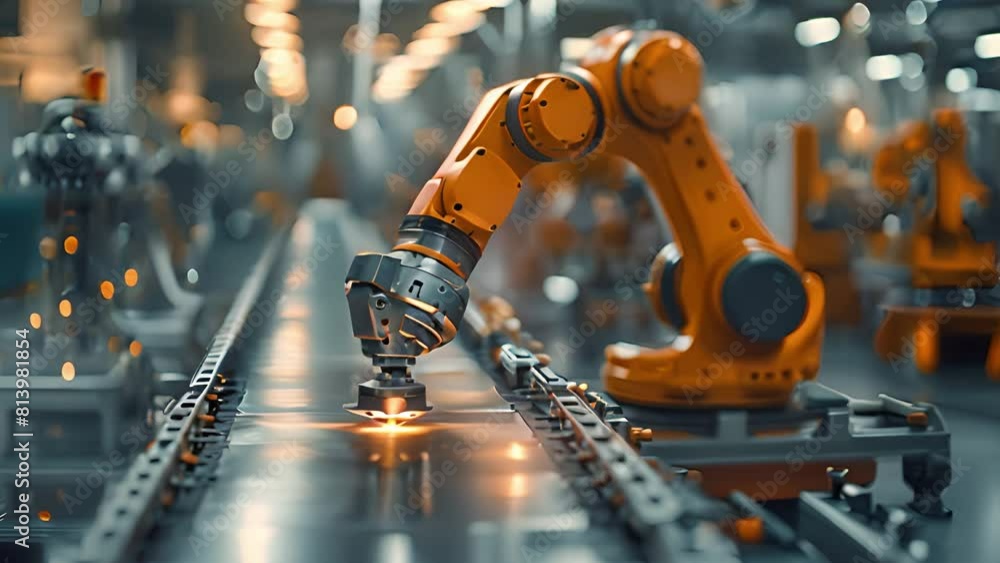 Poster robotic arms assembling products on a conveyor belt in a manufacturing facility.