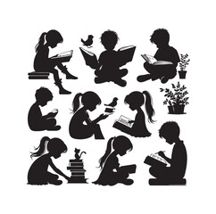 boy and girl reading book silhouette  illustration collection