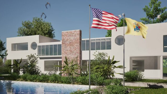 Modellazione 3D e video di edificio reaidenziale con piscina  e bandiere USA e New Jersey al vento