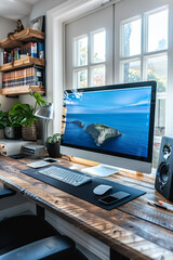 Minimalist computer workspace in a modern office with blank monitor and laptop on wooden desk