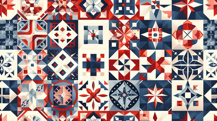 Simple Patriotic Quilt Pattern Tiles in Traditional Colors   Ideal for American Home Decor