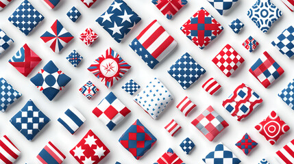 Patriotic Quilt Pattern Tiles: Traditional Quilt Patterns in Patriotic Colors for a Homespun American Feel   Flat Design Icon Concept