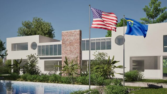 Modellazione 3D e video di edificio reaidenziale con piscina  e bandiere USA e Nevada al vento