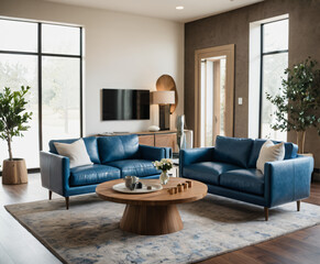 Mid-century style home interior design of modern living room. White sofa and blue leather chairs near wooden coffee table.