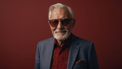 Obraz premium Gray-haired elderly man in stylish club clothes on a red background.