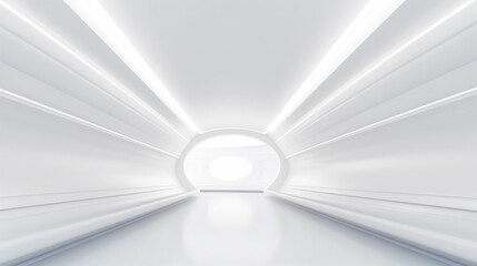 White futuristic tunnel leading to light. Wide angle. Modern style abstract 3d rendered background 