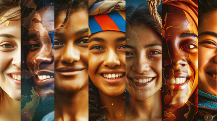 Collage of diverse young smiling faces overlaid with golden map highlights, symbolizing global unity.