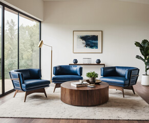 Mid-century style home interior design of modern living room. White sofa and blue leather chairs near wooden coffee table.