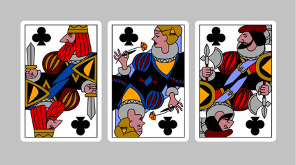 Clubs suit playing cards of King, Queen and Jack in funny modern colorful linear style. Vector illustration