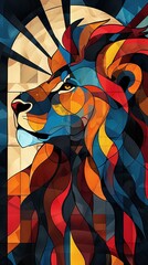 A colorful lion with a yellow eye is the main focus of the image