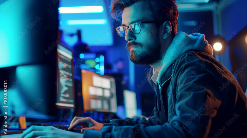 Wall mural focused male software developer working intensively in a dark high-tech office with multiple screens