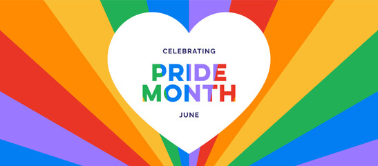 Pride Month Banner Vector Illustration. Rainbow Background with Gay Pride Flag Colors. Love Heart Shape with Pride Month Colorful Text. 