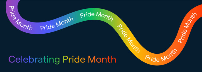 Pride Month Banner With Rainbow Gradient Ribbon Background. Celebrating Pride Month Web Banner Design Template with Rainbow Gradient in Pride Flag Colours. 