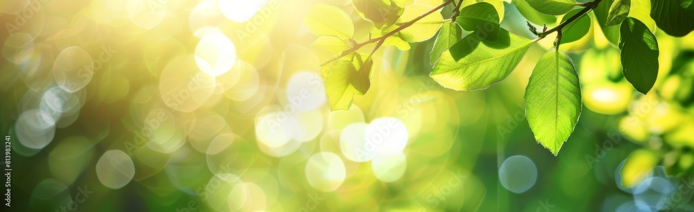 Poster blurred background of nature with sunlight and green trees abstract blurred bokeh background with su