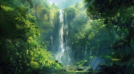 A magnificent waterfall cascades down a lush emerald forest where a vigorous stream meanders from a towering cliff The verdant summer scenery paints a picture of tropical paradise nestled i
