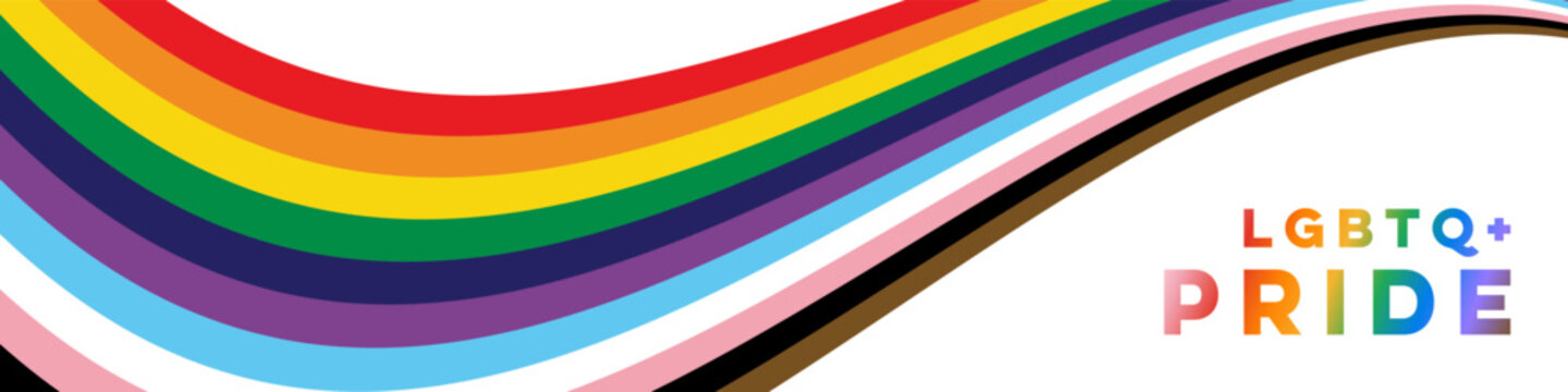 Pride Month Banner with Rainbow Background Design Element. LGBTQ+ Pride Month Web Banner with Colorful Text and Abstract Pride Flag Background. 