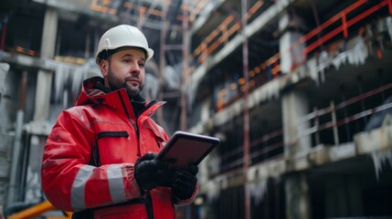 Male construction worker in red jacket and white helmet using a tablet on a construction site.