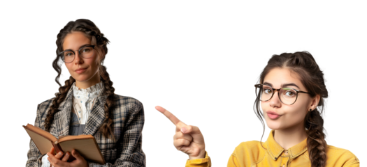 Set for Teachers’ Day: American woman teacher with glasses, educating, Isolated on Transparent Background, PNG