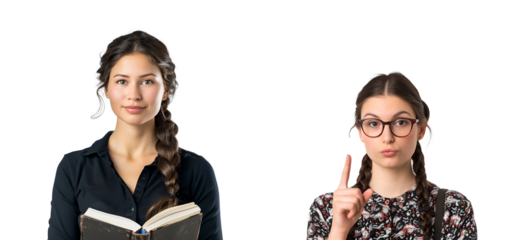 For Teachers’ Day: set of American woman teacher with glasses, teaching, Isolated on Transparent Background, PNG