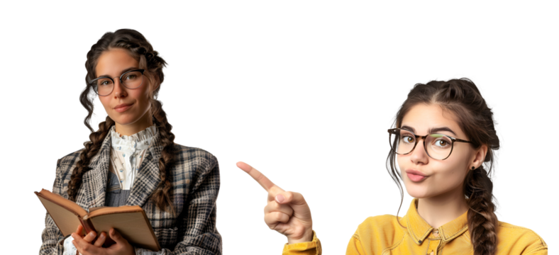 Set for Teachers’ Day: American woman teacher with glasses, educating, Isolated on Transparent Background, PNG