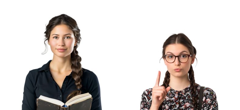 For Teachers’ Day: set of American woman teacher with glasses, teaching, Isolated on Transparent Background, PNG