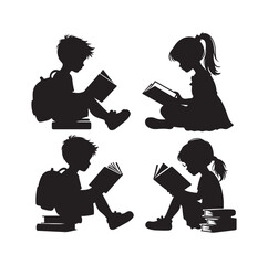 boy and girl reading book silhouette  illustration collection