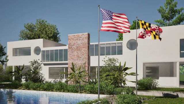 Modellazione 3D e video di edificio reaidenziale con piscina  e bandiere USA e Maryland al vento