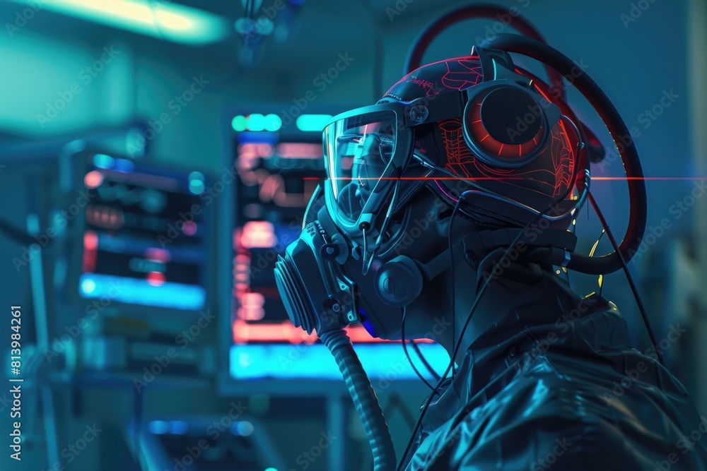 Poster a man wearing headphones while using a computer monitor. suitable for technology concepts