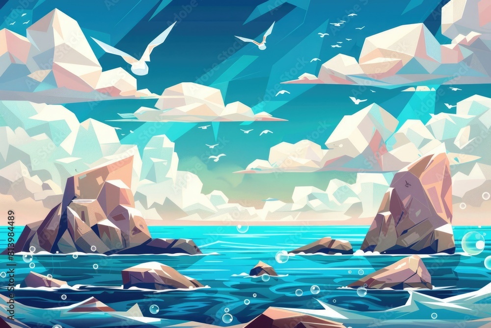 Poster a serene painting of an ocean scene with rocks and seagulls. suitable for nature and coastal themed 