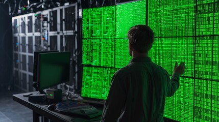 Young technician analyzing data on large green digital screens in a dimly lit server room.