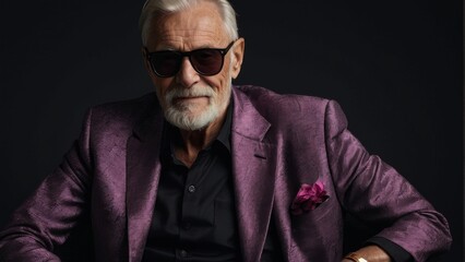 Fototapeta premium Gray-haired elderly man in stylish club clothes on a black background.