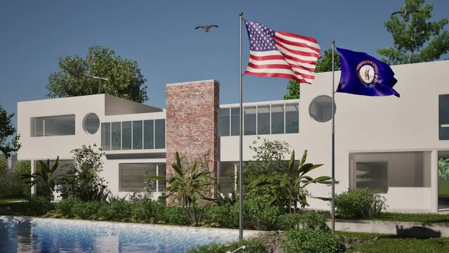 Modellazione 3D e video di edificio reaidenziale con piscina  e bandiere USA e Kentucky al vento