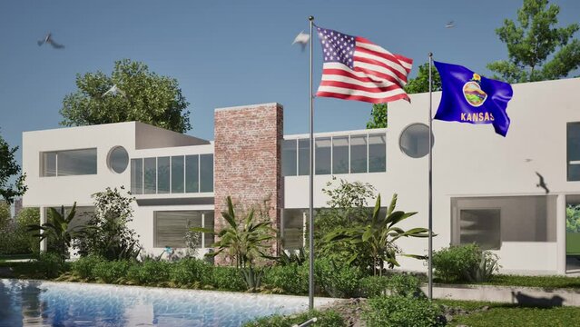 Modellazione 3D e video di edificio reaidenziale con piscina  e bandiere USA e Kansas al vento