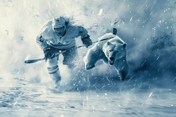 A surreal digital image depicting a hockey player in a dramatic race against a polar bear, surrounded by a snowy, icy blast.