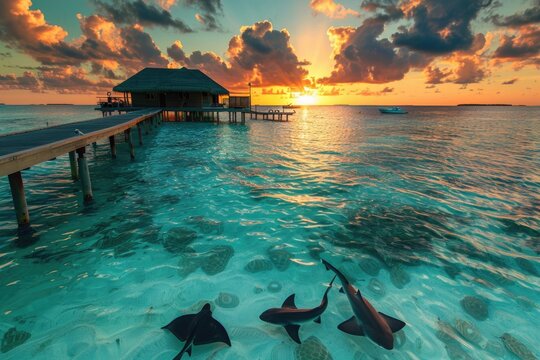 Three stingfishes swimming in the ocean near a pier. Suitable for marine life and underwater themes