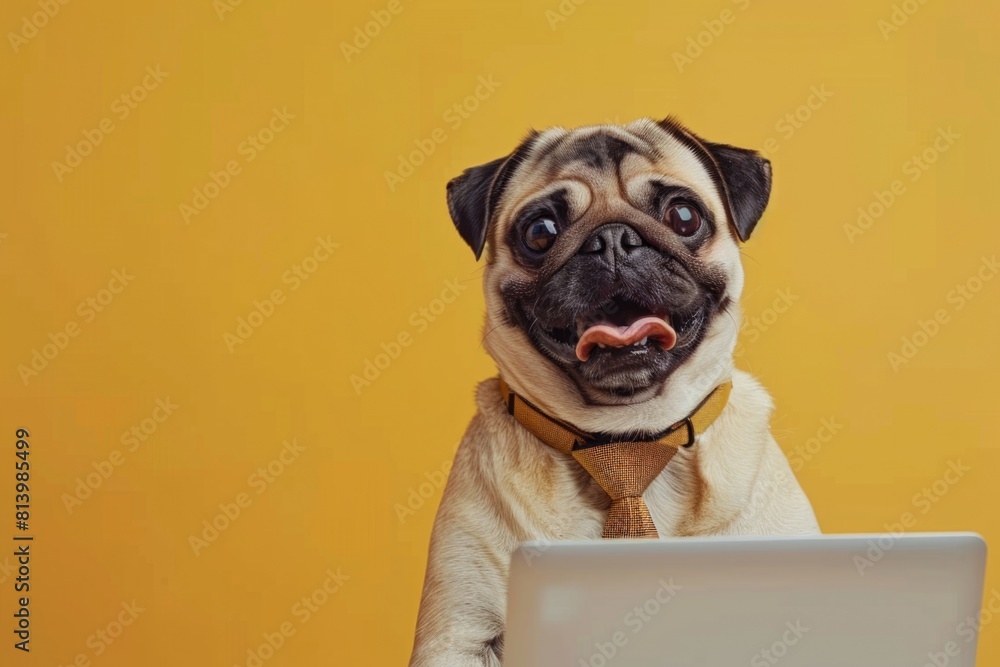 Poster A dog sitting at a table with a laptop. Suitable for technology or pet-related projects