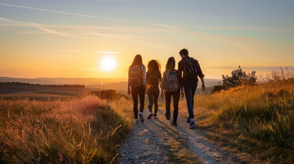 Friends walking on country trail at sunset