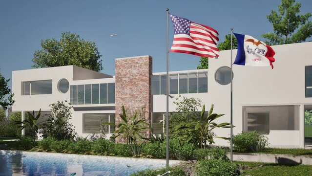 Modellazione 3D e video di edificio reaidenziale con piscina  e bandiere USA e Iowa al vento
