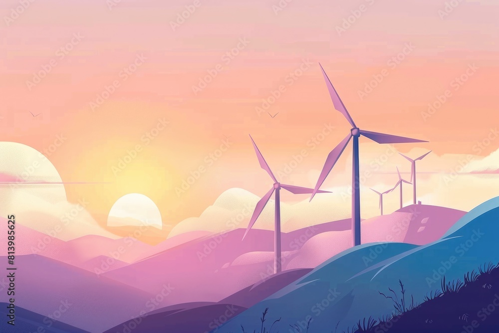 Poster a beautiful sunset with wind turbines in the foreground. suitable for renewable energy concepts