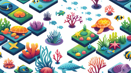 Undersea Adventure: Vibrant Flat Design Icons Depicting Colorful Marine Life and Treasures   Flat Illustration Tiles Concept