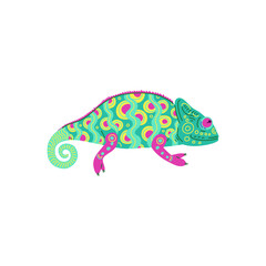 Charming vector illustration in flat chameleon style with an unusual neon pattern on the body