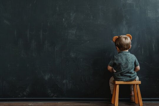 A poignant image of a young boy and his teddy bear sitting on stools facing a wall, illustrating a timeout scene.