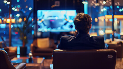 Man in a dark suit watching a large screen displaying a futuristic interface in a luxurious lounge at night.
