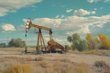 An oil pump sitting in the middle of a field. Suitable for energy industry concepts